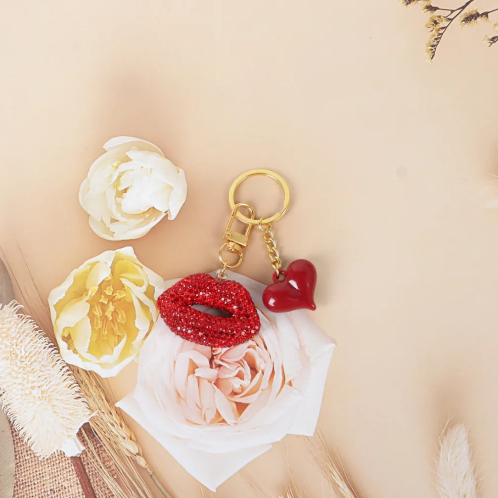 3D Red Lips And Heart Shape Key Ring