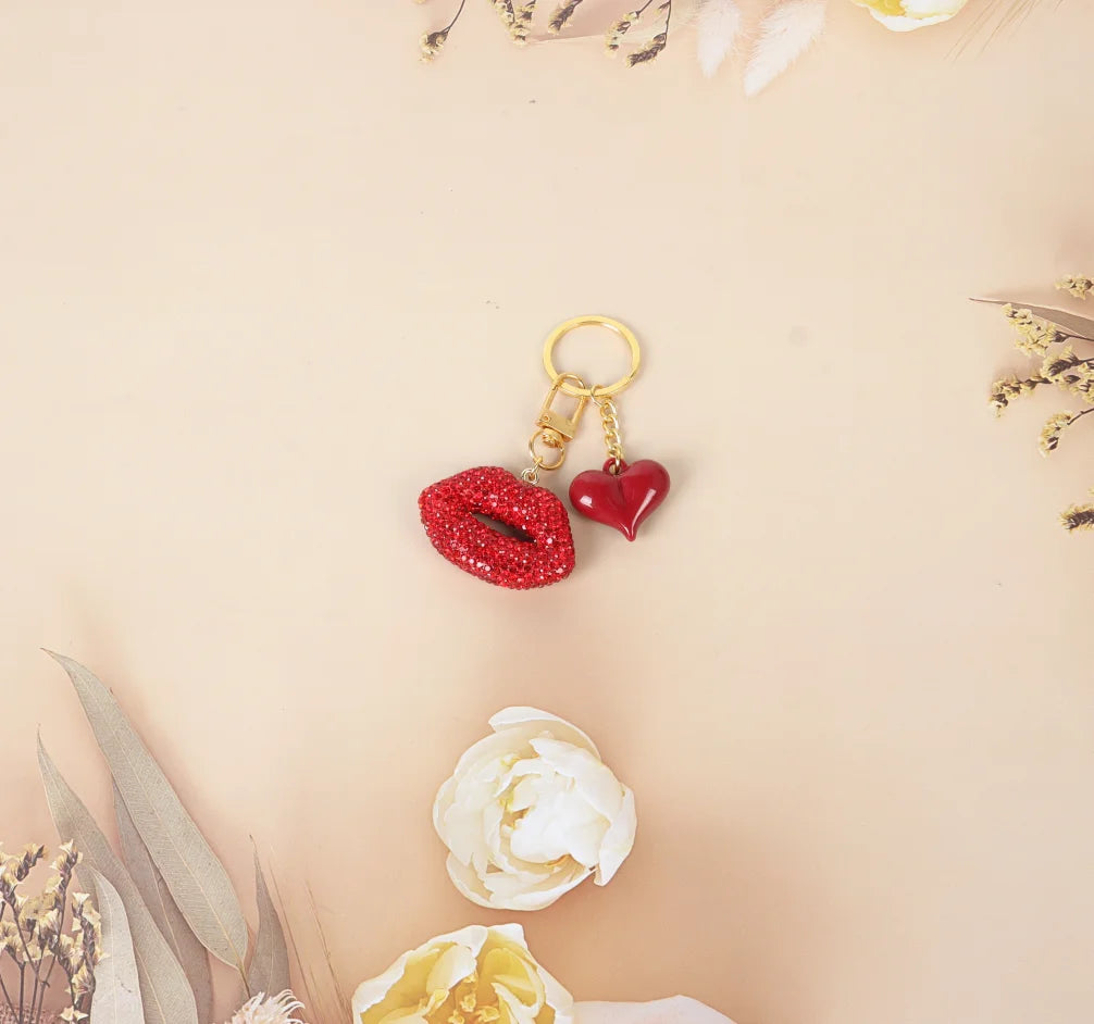 3D Red Lips And Heart Shape Key Ring