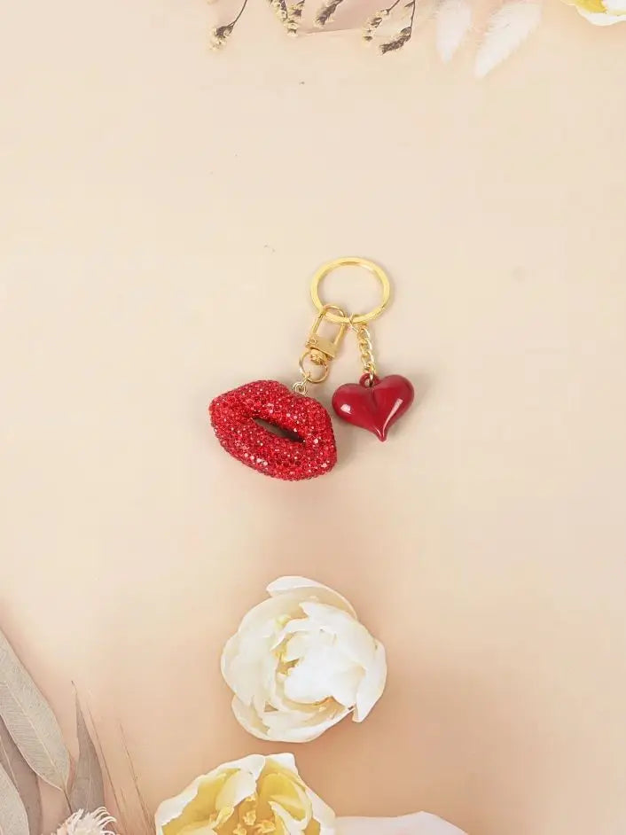 3D Red Lips And Heart Shape Key Ring