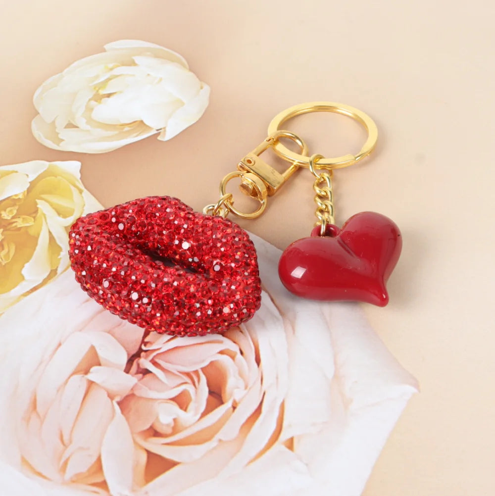 3D Red Lips And Heart Shape Key Ring